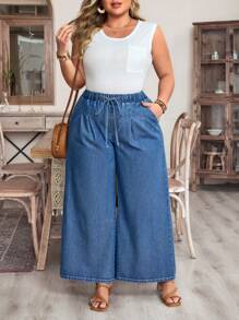 EMERY ROSE Plus Size Women Tie Waist Pockets Wide Leg Loose Casual Denim Jeans - Medium Wash - View 2