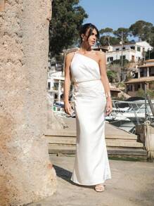 SHEIN Maija Đầm dài không tay màu trắng phong cách thanh lịch hàng ngày dự tiệc lễ hội cổ điển mới cho nữ mùa thu/đông - trắng - Xem 4