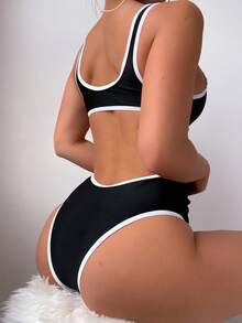 Swim SPRTY Summer Beach Cut-Out Contrast Binding One Piece Swimsuit - Black - View 7