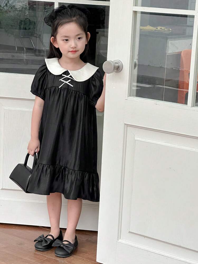Young Girls Dolly Face Print Woven Short Sleeve Dress, Summer
