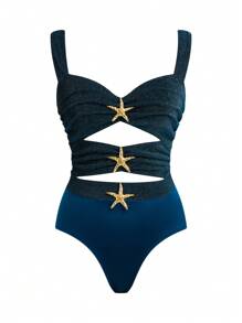 Flirla 2025 加大码女式纯色优雅浪漫海星装饰镂空前部闪亮面料修身紧身衣，非常适合节日装扮 - 藍色 - 查看 1