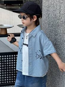 Dazy Kids Toddler Boys' Turndown Collar Printed Short Sleeve Denim Shirt