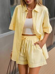 Siren Gaze 女士奶油黄短裤套装 - 2025 夏季棉质休闲两件套：卷边短袖衬衫和短裤，海滩度假必备品，透气机场装，商务休闲办公装女士夏装套装夏季短裤套装 2 件短套装女士亚麻短裤套装 Co Ord 套装夏季 - 黃色 - 查看 8