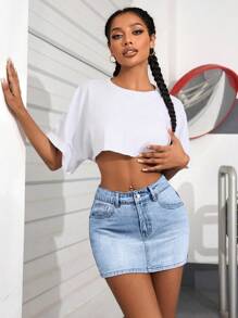 SHEIN PETITE Casual Washed Mini Denim Skirt Y2k - Light Wash - View 3