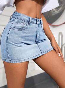 SHEIN PETITE Casual Washed Mini Denim Skirt Y2k - Light Wash - View 4