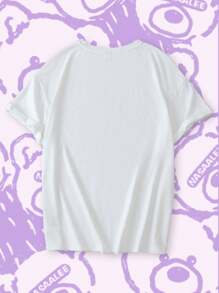 SHEIN EZwear 休闲街头图案字母和卡通熊印花宽松落肩短袖T恤女款，适合夏季 - 白色 - 查看 3