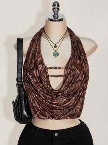 SHEIN ICON 加大码女士复古佩斯利花纹吊带露背上衣，Y2K复古露背款，夜店性感风 - 棕色 - 查看 1