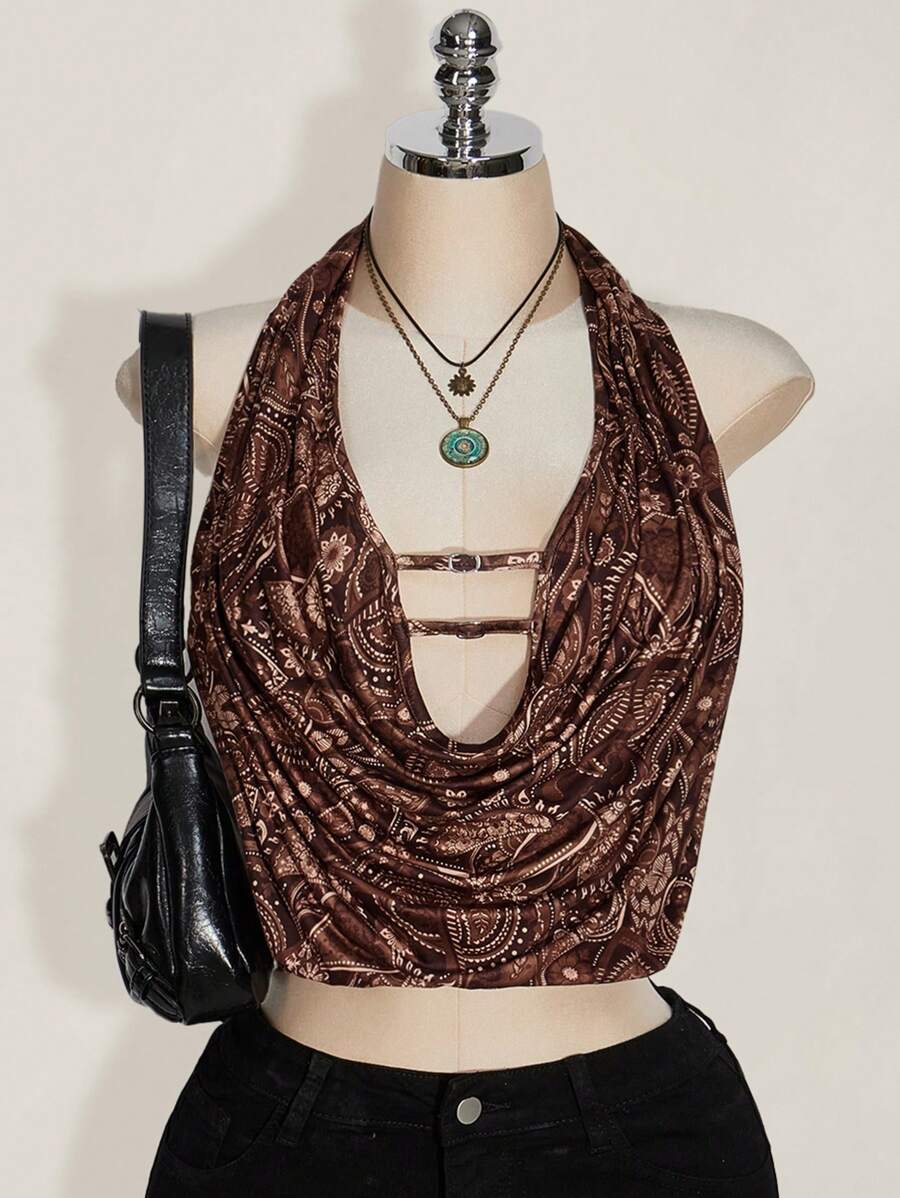 SHEIN ICON 加大码女士复古佩斯利花纹吊带露背上衣，Y2K复古露背款，夜店性感风 - 棕色 - 查看 1