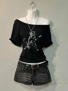 Attitoon Casual Simple Drop Shoulder Women T-Shirt, Suitable For Summer, Rock, Cat, Guitar Print, - Black - View 5