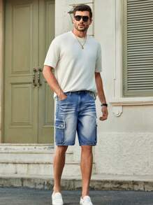 Manfinity VCAY Shorts Denim Desgastado com Vários Bolsos Masculino, Moda - Azul - Visão 4