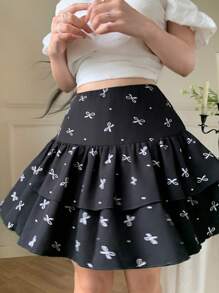 Modelyn Women's Bow Print High Waist Ruffle Skorts - Black - View 1