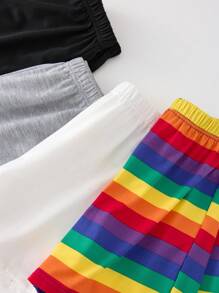 Set de 4 pantalones cortos holgados de punto con estampado de rayas arcoíris de estilo universitario casual para vacaciones, surtido de 4 colores, adecuados para primavera y verano - Multicolor - Ver 7