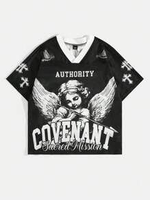 Manfinity EMRG 男士夏季字母天使印花V领短袖T恤 - 彩色 - 查看 1