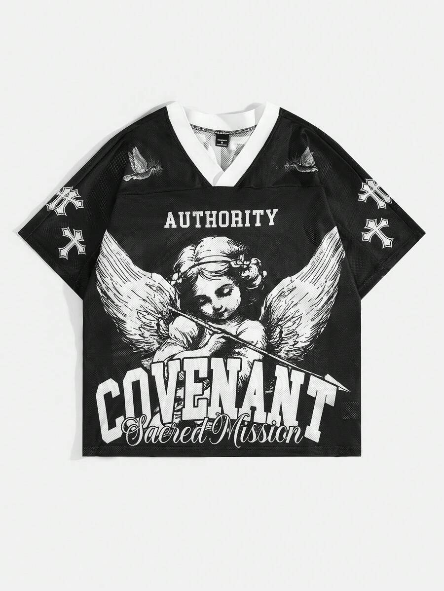 Manfinity EMRG 男士夏季字母天使印花V领短袖T恤 - 彩色 - 查看 1