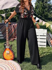 EMERY ROSE 大码女式花卉印花V领短袖阔腿连体裤 - 黑色 - 查看 3