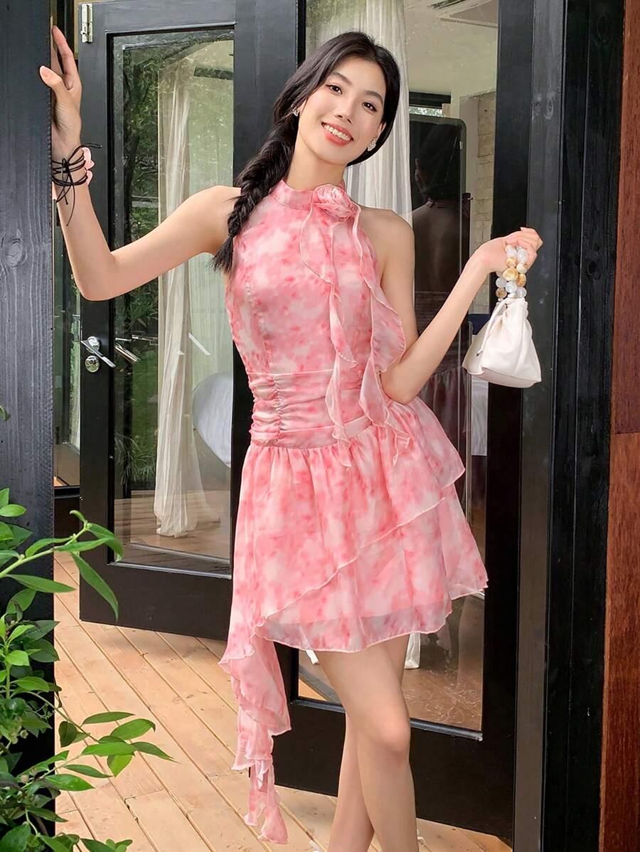SHEIN LUNE Tie-Dye Organza Print Stand Collar Fluttered Ruffle Hem Floral Sweet Holiday Mini Dress For Women - Pink - View 1