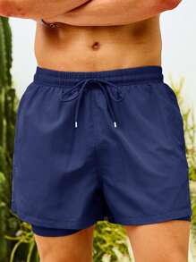 Manfinity Swimmode Men's Solid Color Drawstring Waist Double Layer Beach Shorts - Navy Blue - View 3