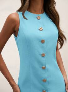 COSMINA Rochie de vară pentru femei, fără mâneci, cu guler rotund, casual, cu un singur nasture - Albastru - Vizualizare 7