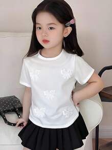 青少年女孩休闲甜美圆领落肩宽松纯色 3D 蝴蝶结装饰 T 恤，百搭夏季上衣