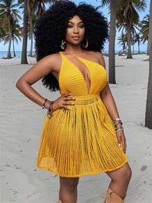 Slaydiva 大码纯色不对称镂空V领性感针织连衣裙 - 黃色 - 查看 5