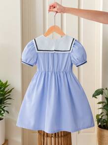 SHEIN Elladie kids Vestido de Princesa com Gola Marinha e Mangas Bufantes para Meninas Jovens, Detalhe Fofo de Laço, Cor Azul Claro, Vestido Casual Escolar/Formal para Uso Diário e Passeio - Azul - Visão 2