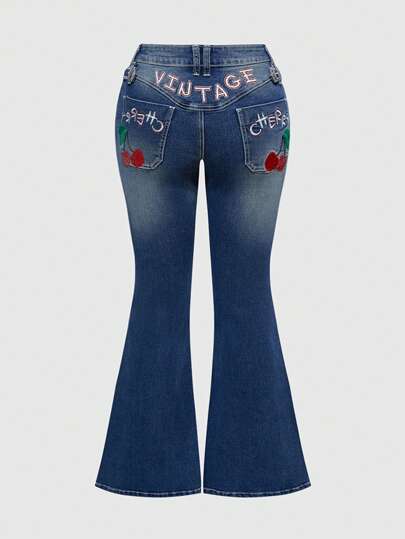 Kawaii Damen Retro Kirsche Stickerei Jeans in Große Größen