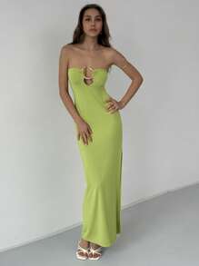 Aloruh Sexy Vixen Snake Metal Buckle Fitted Hollow-Out Maxi Olive Green Bodycon Dress For Women