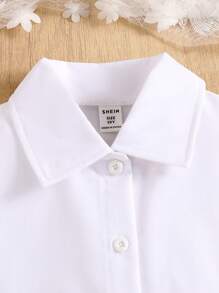 SHEIN 2 Pieces Girls Outfit, Collared Contrast Mesh Embroidered Short Sleeve Shirt And Elastic Waist Tiered Skirt, Elegant For Girls, Spring/Summer, Girls Skirt And Blouse Sets Age 10