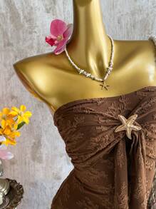 Elamini 棕色提花面料金属海星装饰露背荷叶边下摆迷你连衣裙，双层，优雅性感可爱，适合节日、休闲、派对、日常穿着、约会、复古 - 棕色 - 查看 5