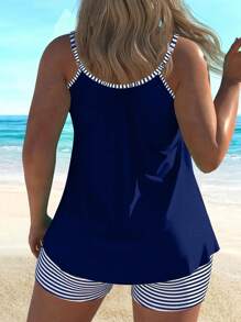 Swim Lushoire Women Patchwork Striped Tankini Swimsuit Set For Summer Beach Vacation - Navy Blue - View 2
