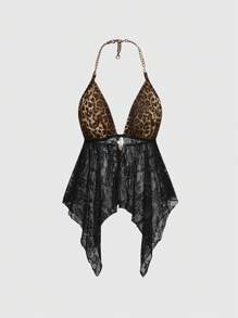 ROMWE J-Fashion 女式豹纹蕾丝拼接金属链露背挂脖上衣 - 棕色 - 查看 1