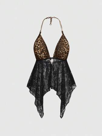 J-Fashion Top dos nu avec encolure bâtière en dentelle et chaîne métallique à motif léopard pour femmes