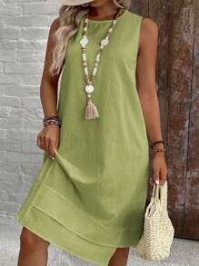 SHEIN VCAY Vestido sin mangas de unicolor minimalista para mujer talla grande - Verde Lima - Ver 4
