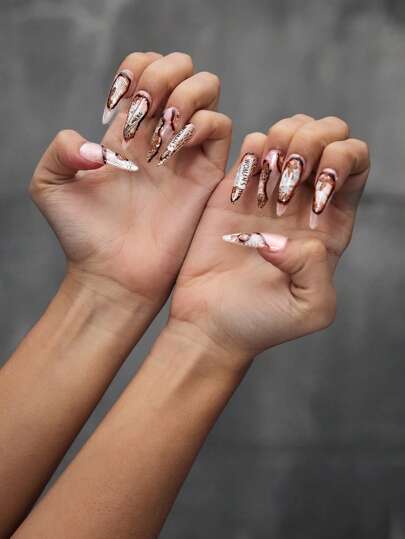 Grunge Punk 10pcs Vintage English Newspaper Print Handmade Fake Nails + 3 Sheets Double-Sided Adhesive, Removable Y2K Creative Graffiti & Butterfly Nail Stickers, Suitable For Festivals, Parties, Dancing And Daily Wear