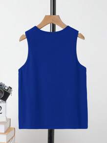 SHEIN Leap Crew Áo ba lỗ không tay tối giản giản dị dành cho bé trai tuổi teen, phù hợp cho mùa hè - Màu xanh lam - Xem 2