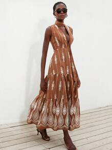 Aveloria Modichic French Romantic Boho Vacation Heavily Embroidered Sexy Deep V With Self-Fabric Belt Contrast Color Dress For Women - Multicolor - View 6