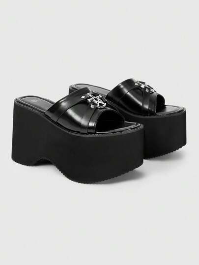 Grunge Punk Women Casual Thick Bottom Wedge Slide Sandals, Star Pattern Slip On Open Toe Flats