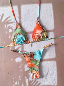 Swim Vcay Women Springbreak Beachwear Summer Outfits, Random Animal Print, Floral, Metallic Star Decor Spaghetti Strap Sexy Bikini Set