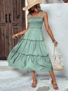 SHEIN Clasi Đầm Maxi Cami Có Viền Xếp Ly Có Viền Xếp Ly Cho Nữ - màu xanh lá - Xem 4