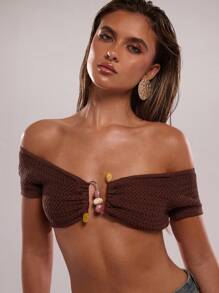 SHEIN BAE Sexy Strapless Crop Top Slim Fit Knit Sweater For Women - Coffee Brown - View 3