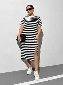 SHEIN Essnce Plus Size Women Spring/Summer Casual Loose Striped Split Hem Short Sleeve T-Shirt Dress