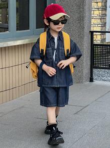 Dazy Kids 男童破洞牛仔短袖T恤和短裤套装，休闲 - 藍色 - 查看 3