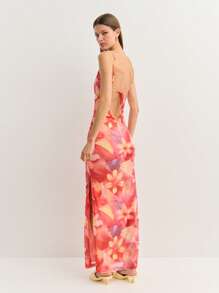 Nöista Sleeveless Dress Features A Square Neckline And Thin Straps, Crafted From A Soft, Semi-Sheer Fabric. Its Vivid Floral Pattern Adds Tropical Charm, Perfect For Summer Parties, Beach Vacations, Or Sunset Dinners. Bold Yet Effortlessly Elegant. 4th Of July Outfits - Red - View 2