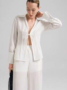 Ontre 2025 新音乐节、音乐会、乡村音乐节女装时尚、优雅女式衬衫、白色系带设计、长袖、天丝亚麻粘胶材质、半透明、春夏 - 白色 - 查看 3