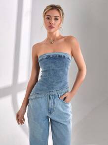 CLARA VERO Women Elegant Asymmetrical Hem Tube Denim Top - Medium Wash - View 4