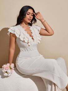Viva Relle Plus Size Elegant Casual Ruffle Lace Trim Cap Sleeve Jumpsuit - Apricot - View 3