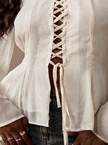 MISSGUIDED Lace Up Front Long Sleeve Blouse Western Festival Bohemian Peasant Top Fall Spring Resort Wear Vacation Beach Cover Up