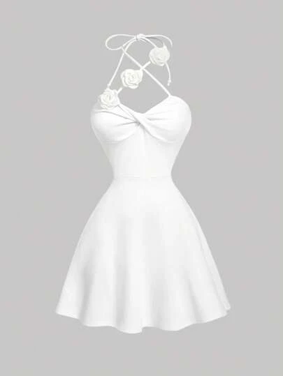 SHEIN MOD Vestido blanco con cuello alto, plisado en la cintura con efecto 3D y falda evasé