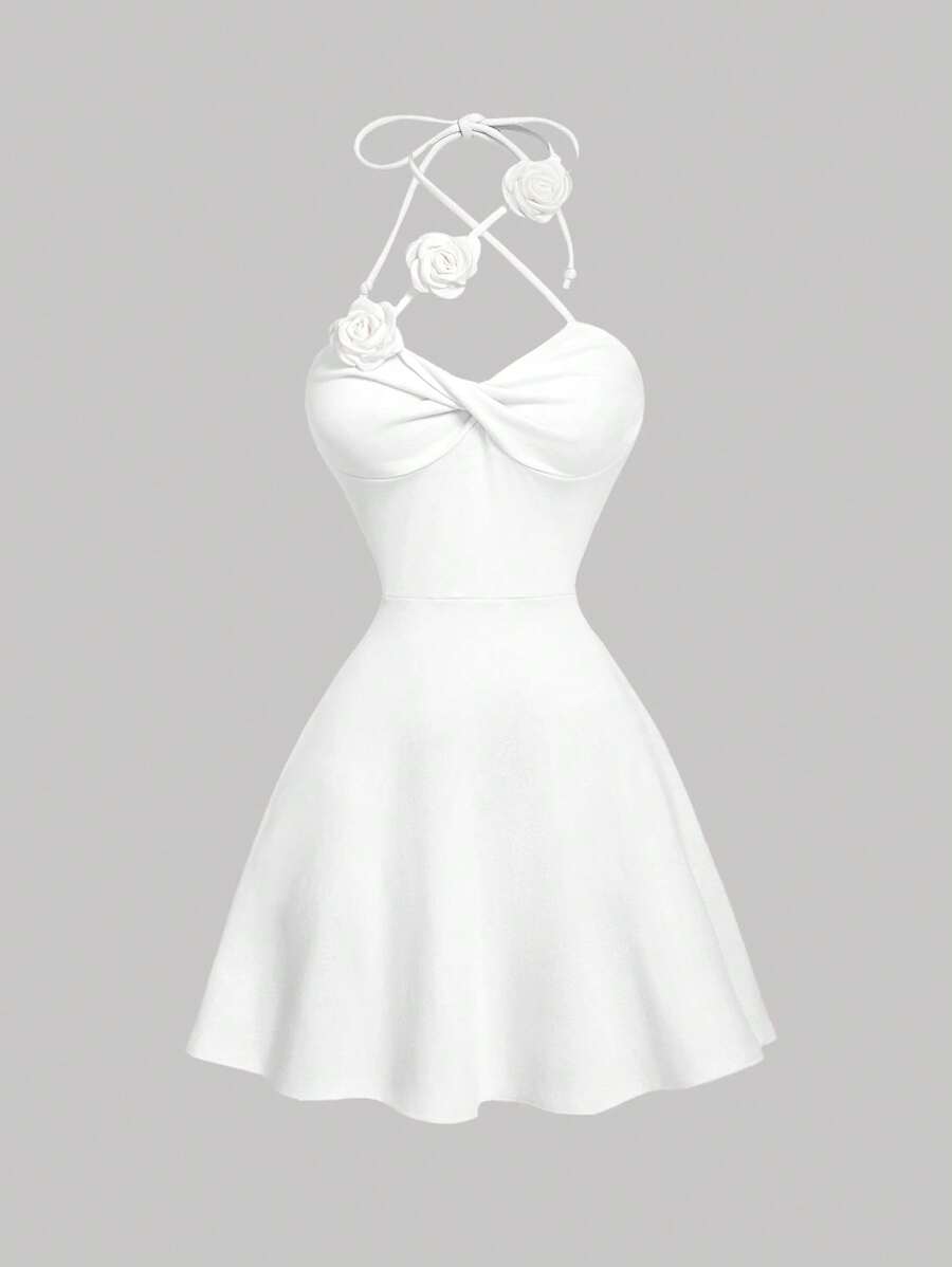SHEIN MOD Đầm suông cổ cao 3D họa tiết hoa xoắn eo ôm sát và xòe màu trắng - trắng - Xem 1
