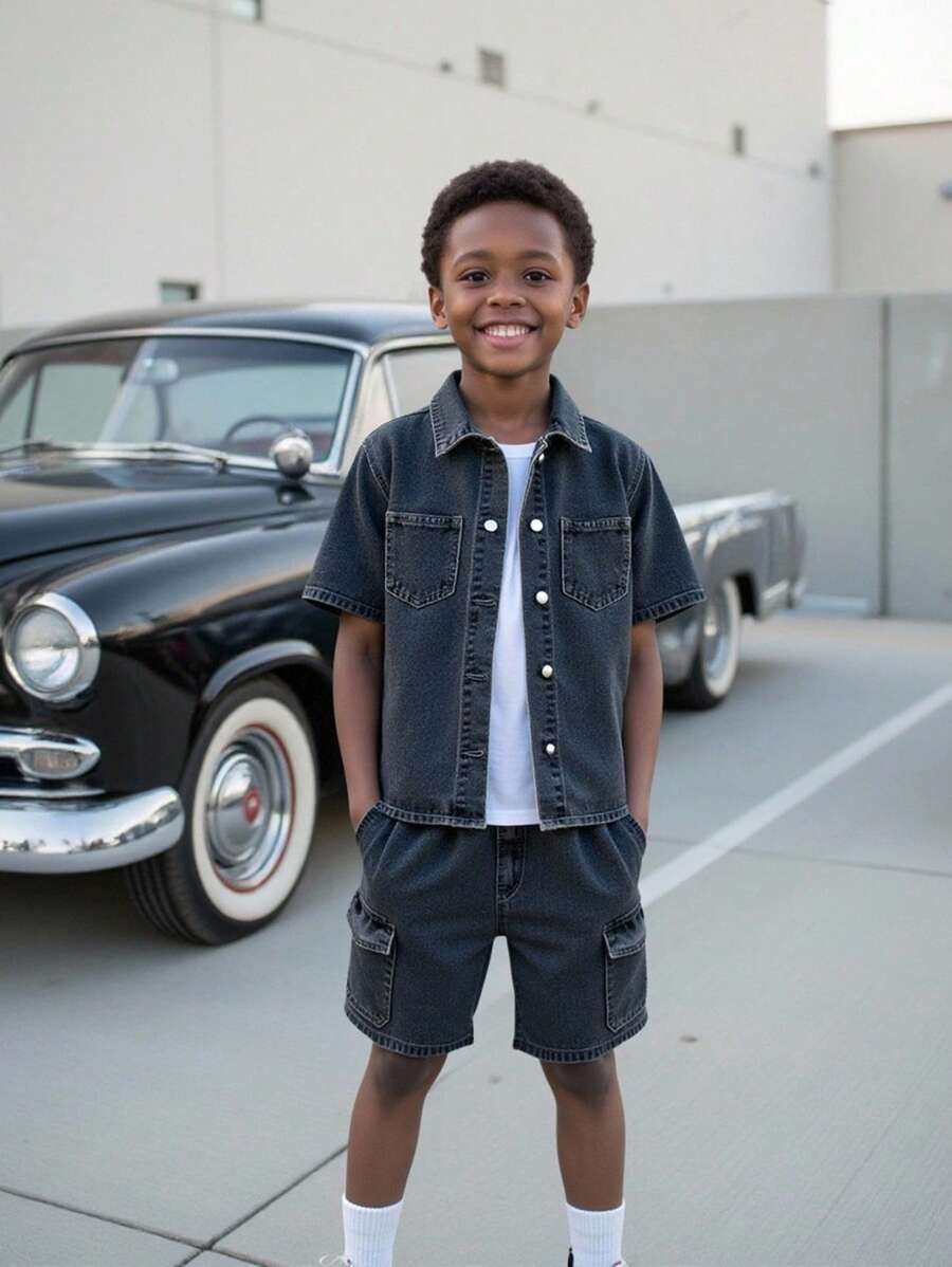 SHEIN Explorewe Bộ đồ denim bạc màu phong cách đường phố retro dành cho bé trai (2 món), thoải mái và đa năng, hàng mới năm 2025, phù hợp mặc hàng ngày. - màu đen - Xem 1